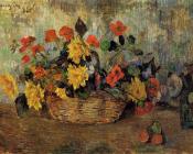 保罗 高更 : Nasturtiums and Dahlias in a Basket